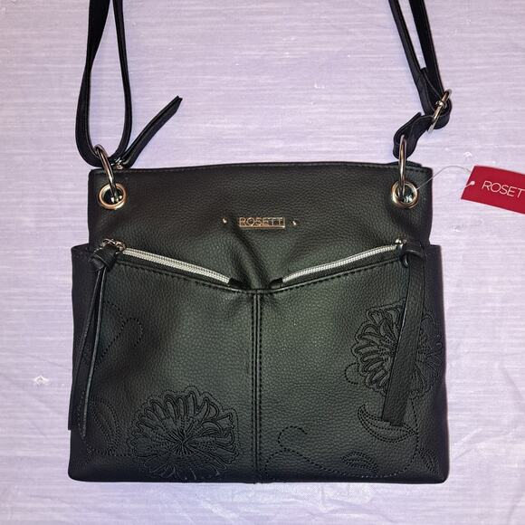 Rosetti Black Floral Stitched Crossbody Bag Double Zipper Adjustable Strap - Picture 6 of 13